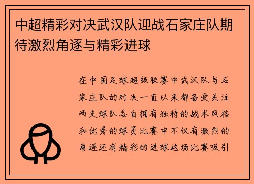 中超精彩对决武汉队迎战石家庄队期待激烈角逐与精彩进球