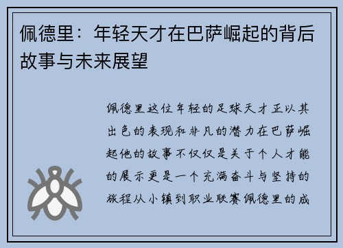 佩德里：年轻天才在巴萨崛起的背后故事与未来展望
