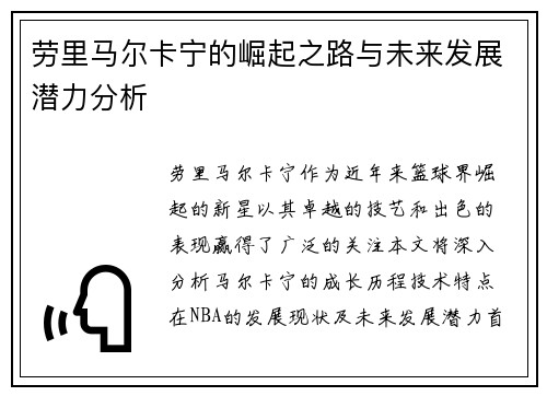 劳里马尔卡宁的崛起之路与未来发展潜力分析